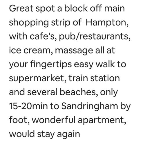 a screenshot of a text message with the words great spot a block off main shopping at Beachside flat with free parking in Melbourne