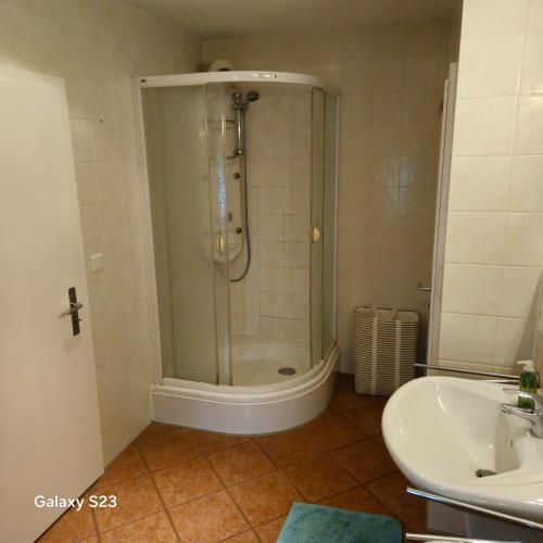 a bathroom with a shower and a sink at Ganze Wohnung mit Garten in Bremen