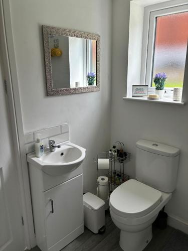 a bathroom with a toilet and a sink and a mirror at The Hideaway-Sharples-Bolton in Bolton