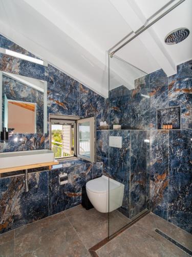 a bathroom with a toilet and a sink and a mirror at Dea's home in Himare