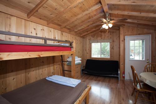 ein Schlafzimmer mit einem Etagenbett in einer Hütte in der Unterkunft Medina Lake Camping Resort Studio Cabin 1 in Lakehills