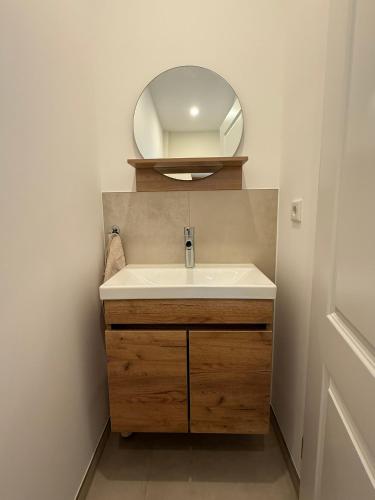 a bathroom with a sink and a mirror at Wohnen im Denkmal in Weilrod