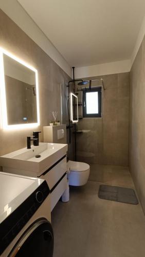 a bathroom with a sink and a toilet and a mirror at 5 srca in Stanići