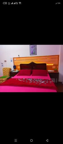 a bedroom with a large bed with a pink bedspread at fayrouzat elmndara near the sea with garden vew in Alexandria