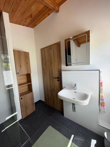 a bathroom with a sink and a mirror at Panorama Chalet Fahner Höhe nahe Erfurt mit Klimaanlage in Witterda
