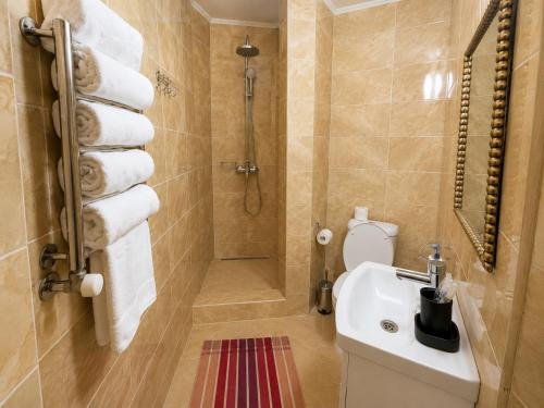 a bathroom with a shower and a toilet and a sink at Hotel Three Korony in Skhidnitsa
