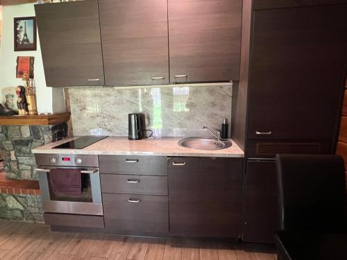 a kitchen with a sink and a counter top at Rojaus Slenis in Druskininkai