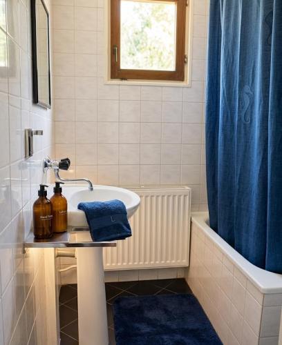 a bathroom with a sink and a blue shower curtain at Chata Pod Hájkem in Vrchlabí