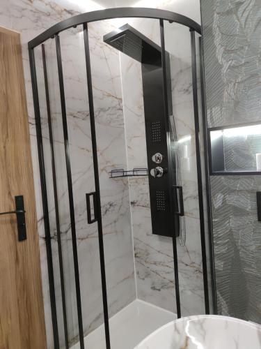 a shower in a bathroom with a marble wall at Willa Zuzanna Apartamenty in Ustroń