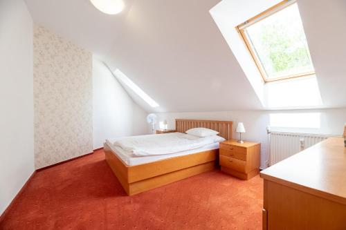 a bedroom with a bed and a skylight at Hotel Empire Europe in Prievidza