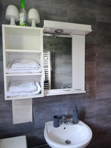 a bathroom with a sink and a mirror at Apartman Petrovic in Rudnik