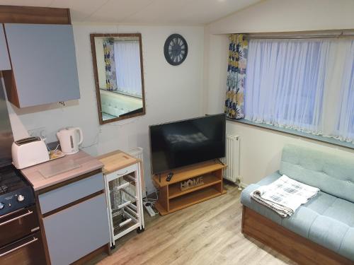 a small living room with a tv and a couch at Skipper's Place in Mortehoe