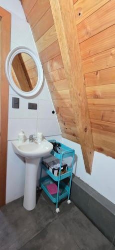 a bathroom with a sink and a mirror at Cabaña Alpina Los Treiles in Panguipulli