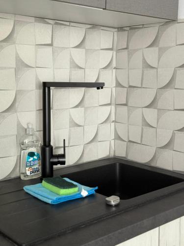 eine Küchenspüle mit Wasserhahn und einem grünen Schwamm in der Unterkunft Studio Lite Ermou#17 in Kateríni
