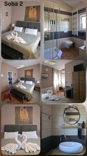 a collage of photos of a bedroom and a bathroom at Sobe - Klet Cinkuš in Hrvatski Leskovac