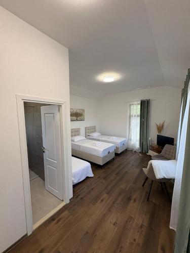 a large room with two beds and a door at Studio Kolo-M in Blagaj