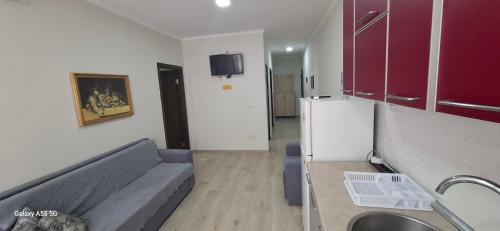 a living room with a couch and a refrigerator at Pine Apartment 2 plus 1 in Golem
