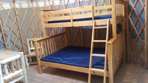 Litera de madera con colchón azul y escalera en Mount Vernon Camping Resort 16 ft. Yurt 6, en Bow