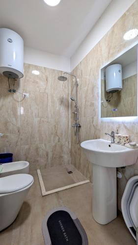 a bathroom with a sink and a toilet and a shower at Sophi's Dream Apartment in Lalzit Bay