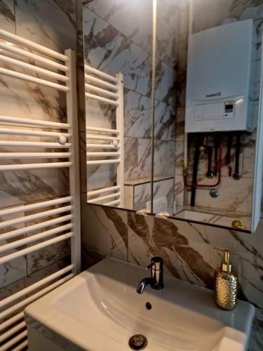 a bathroom with a sink and a mirror at Studio apartman Picok Đurđevac in Ðurđevac