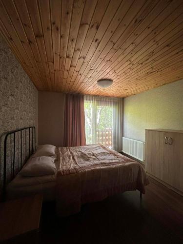 a bedroom with a bed with a wooden ceiling and a window at Levani's Cottage in Borjomi
