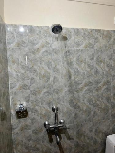 a shower with a shower head in a bathroom at Turtuk Stream Side Home Stay in Turtuk