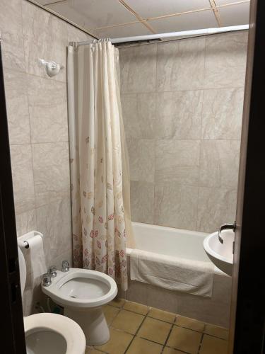 a bathroom with a toilet and a tub and a sink at Departamento Valle Las Leñas in Las Lenas