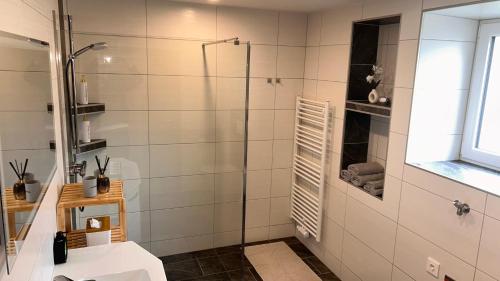 a bathroom with a shower and a sink at MyAlpenloft 2 in Deutschgriffen