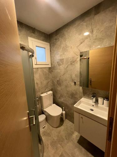a bathroom with a toilet and a sink and a window at Vigla summer house! in Paralia Sikias