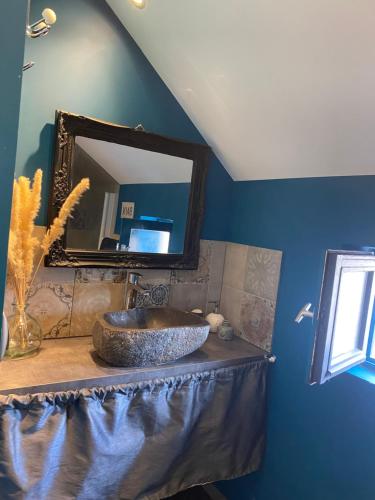 a bathroom with a large sink and a mirror at Gite L'Atelier in Bèze