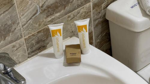 two tubes of sunscreen sitting on top of a toilet at King Badr Pyramids Inn in Cairo