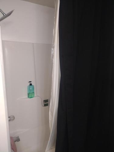 a shower with a black and white shower curtain in a bathroom at Lil ranch in White Pine