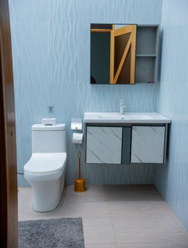a bathroom with a white toilet and a sink at RJ's Apartments Korogwe in Korogwe
