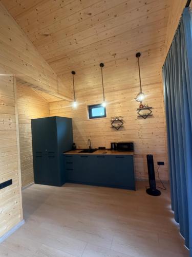 a kitchen with a counter in a room with wooden walls at Cottage Ametapi in Mestia