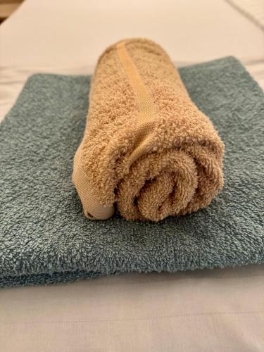 a teddy bear sitting on a blue towel at Vila Alga in Sulina