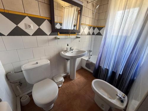 a bathroom with a white toilet and a sink at Casa Rural El Castillo in Málaga