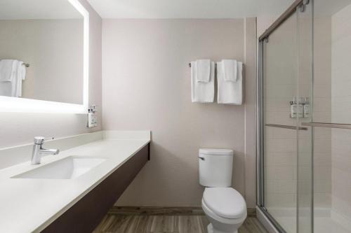 a bathroom with a toilet and a sink and a shower at Holiday Inn Express Hotel & Suites Live Oak by IHG in Live Oak