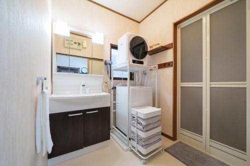 a small bathroom with a sink and a mirror at Tiger House Kusabana in Akiruno