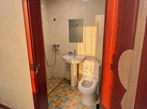 a bathroom with a toilet and a sink at Twin Horse Hotel in Ulaanbaatar