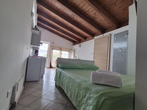 a bedroom with a green bed and a television at VILLA ANNAMARIA in Montesilvano