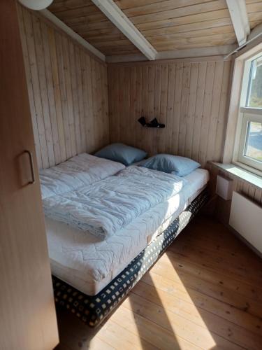 a bed in a small room with a window at Beautiful cottage on a large natural plot in Ålbæk