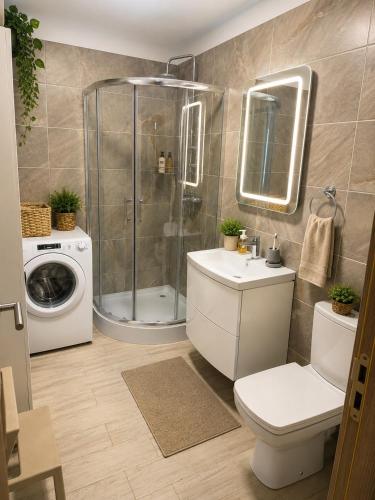 a bathroom with a shower toilet and a washing machine at Alezzi Beach Resort Pool &Spa in Mamaia Sat/Năvodari