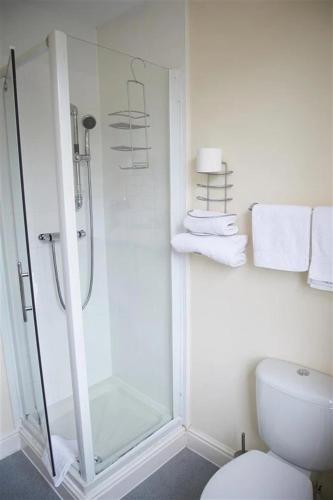 a white bathroom with a shower and a toilet at St Winefride's Guesthouse in Holywell