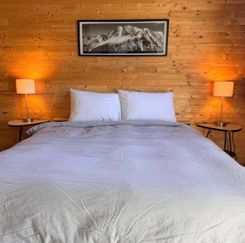 a bedroom with a large bed with two lamps at Attitude Montagne in Saint Adolphe D'Howard