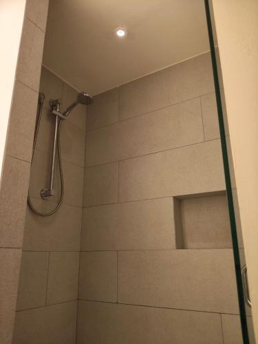 a shower with a glass door in a bathroom at Akumalito Santamar in Akumal