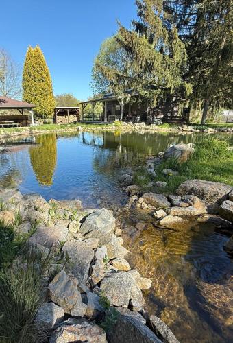 a pond with rocks and a bridge in the background at Biotop Kotlyk in Netvořice