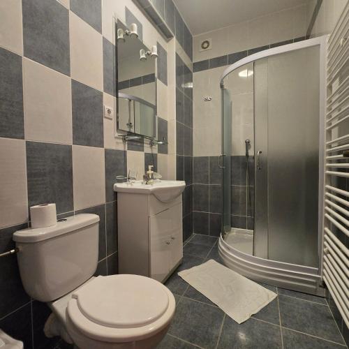 a bathroom with a toilet and a shower and a sink at Pansion Bonaca in Srima