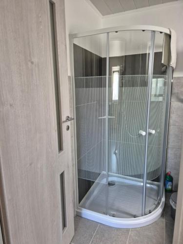 a shower with a glass door in a bathroom at Auszeit in Balatonmagyaród