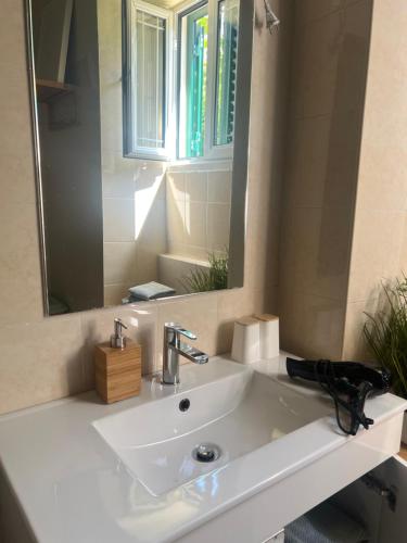 a white bathroom sink with a large mirror at Manor Meeder in Castanheira de Pêra