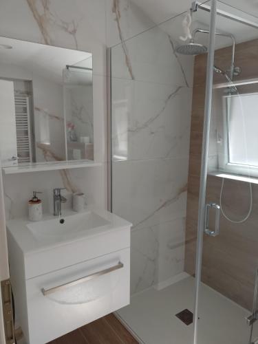 a white bathroom with a shower and a sink at Natalija apartmans in Sveti Juraj